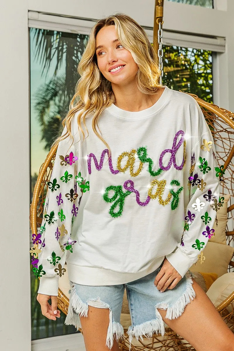 BiBi Fleur De Lis Sleeve Mardi Gras Pullover 