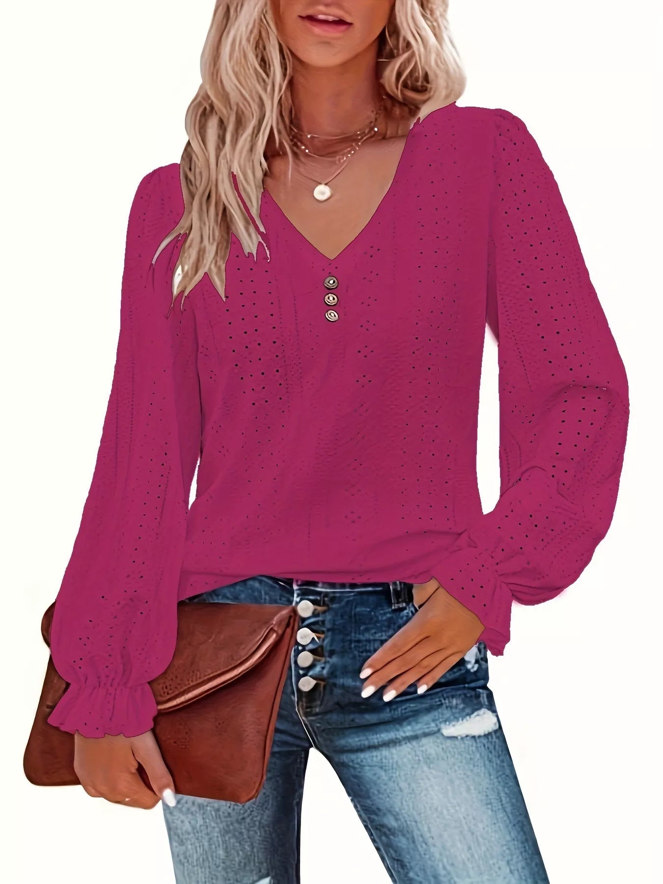 Plus Size Eyelet V-Neck Flounce Sleeve Blouse 