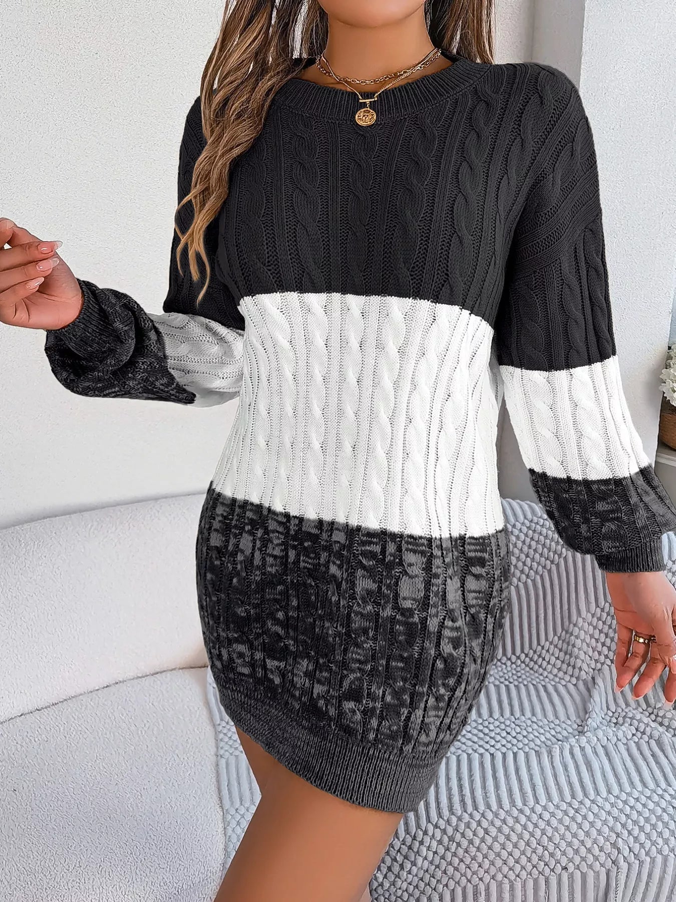 Color Block Cable Knit Sweater Dress with Textured Pattern 