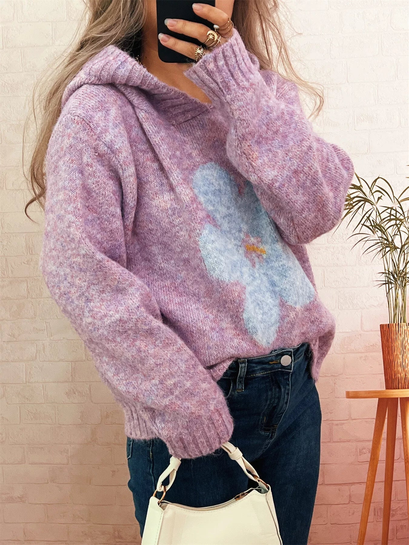 Flower Long Sleeve Hooded Sweater 