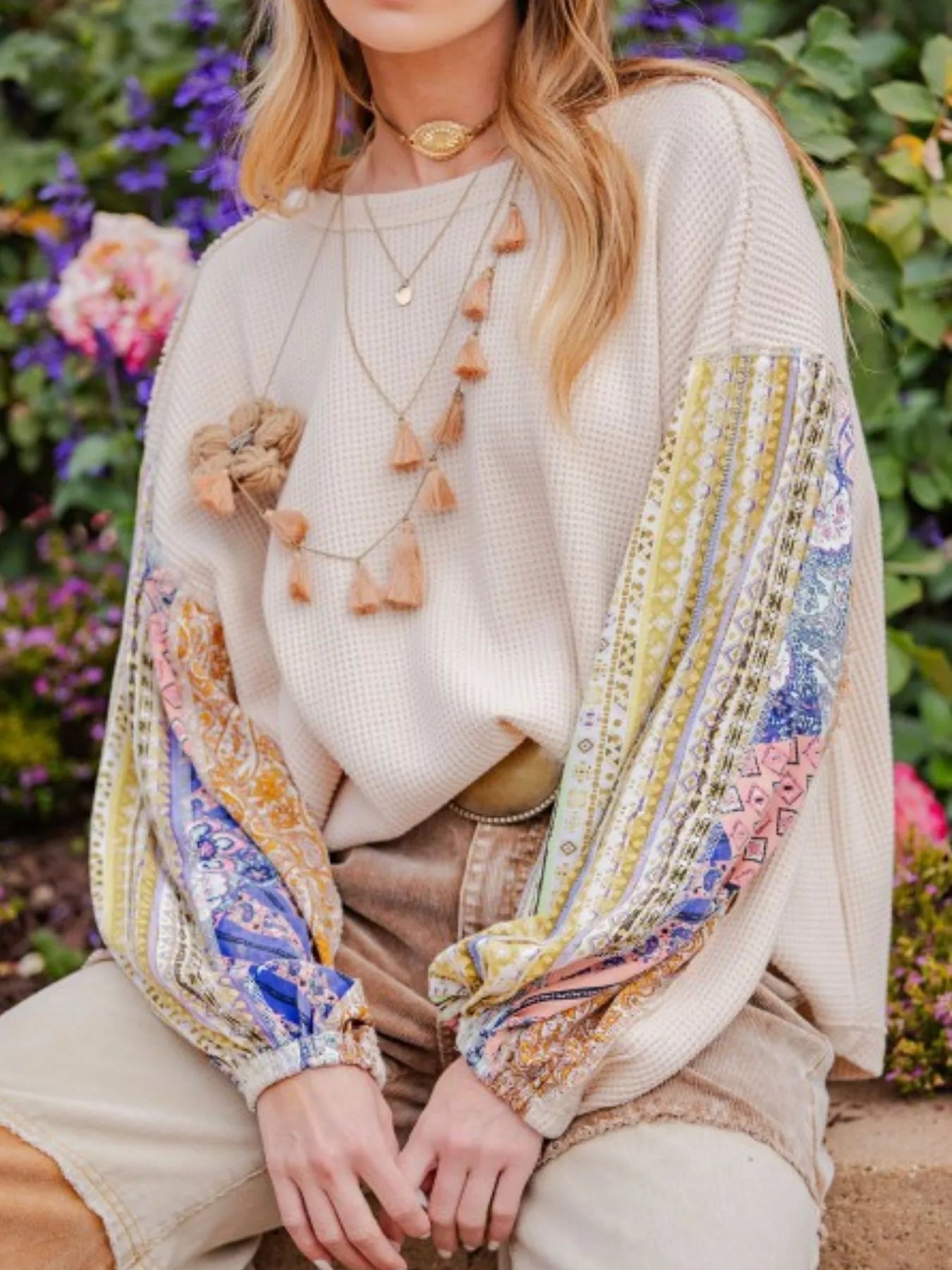 Waffle Knit Round Neck Dropped Shoulder Sweatshirt 