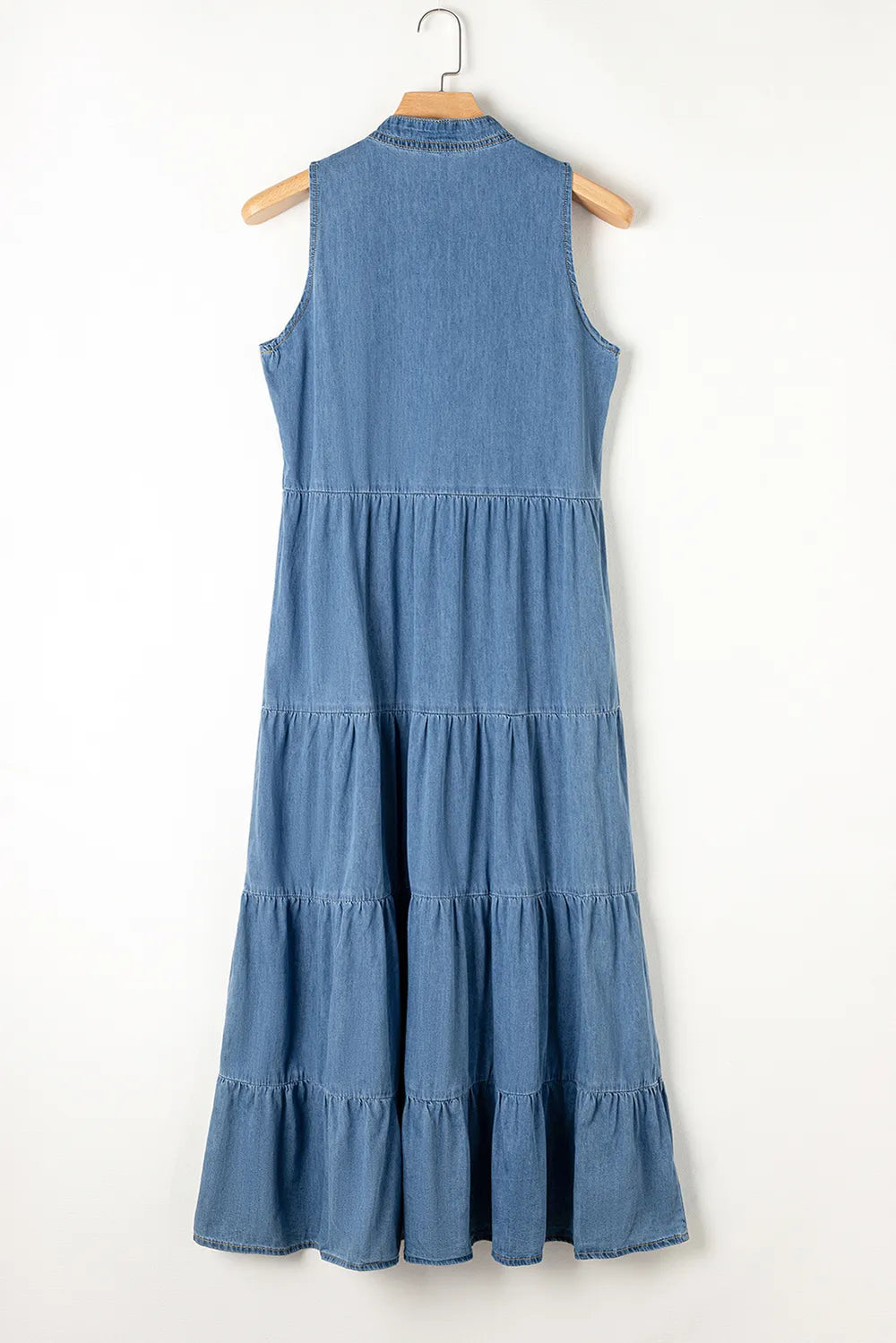 Tie Neck Tiered Maxi Denim Dress 