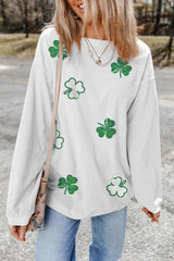 Sequin Lucky Clover Round Neck Long Sleeve Sweatshirt 