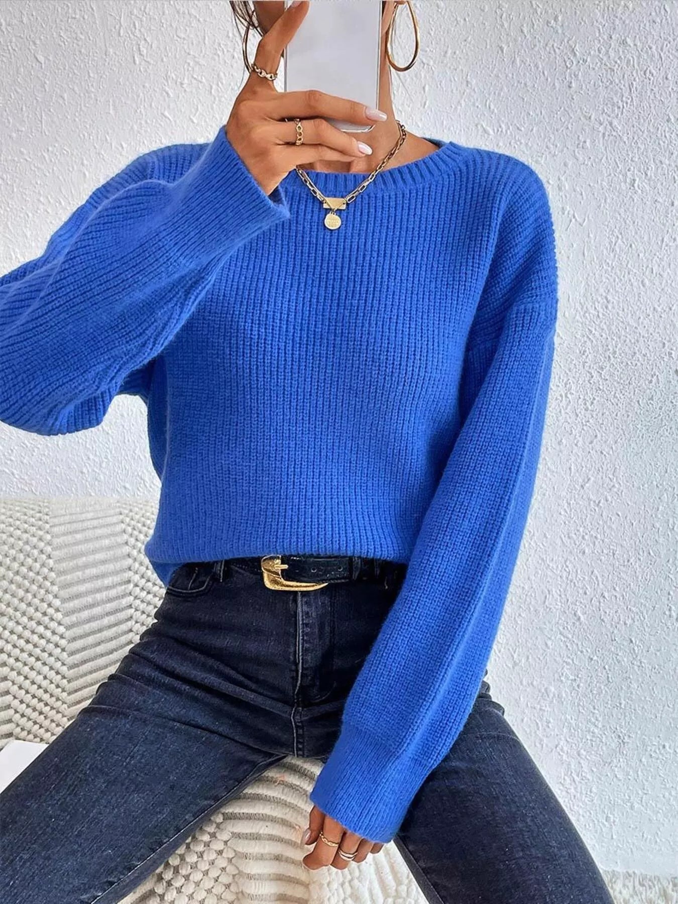 Ribbed Knit Dropped Shoulder Sweater 