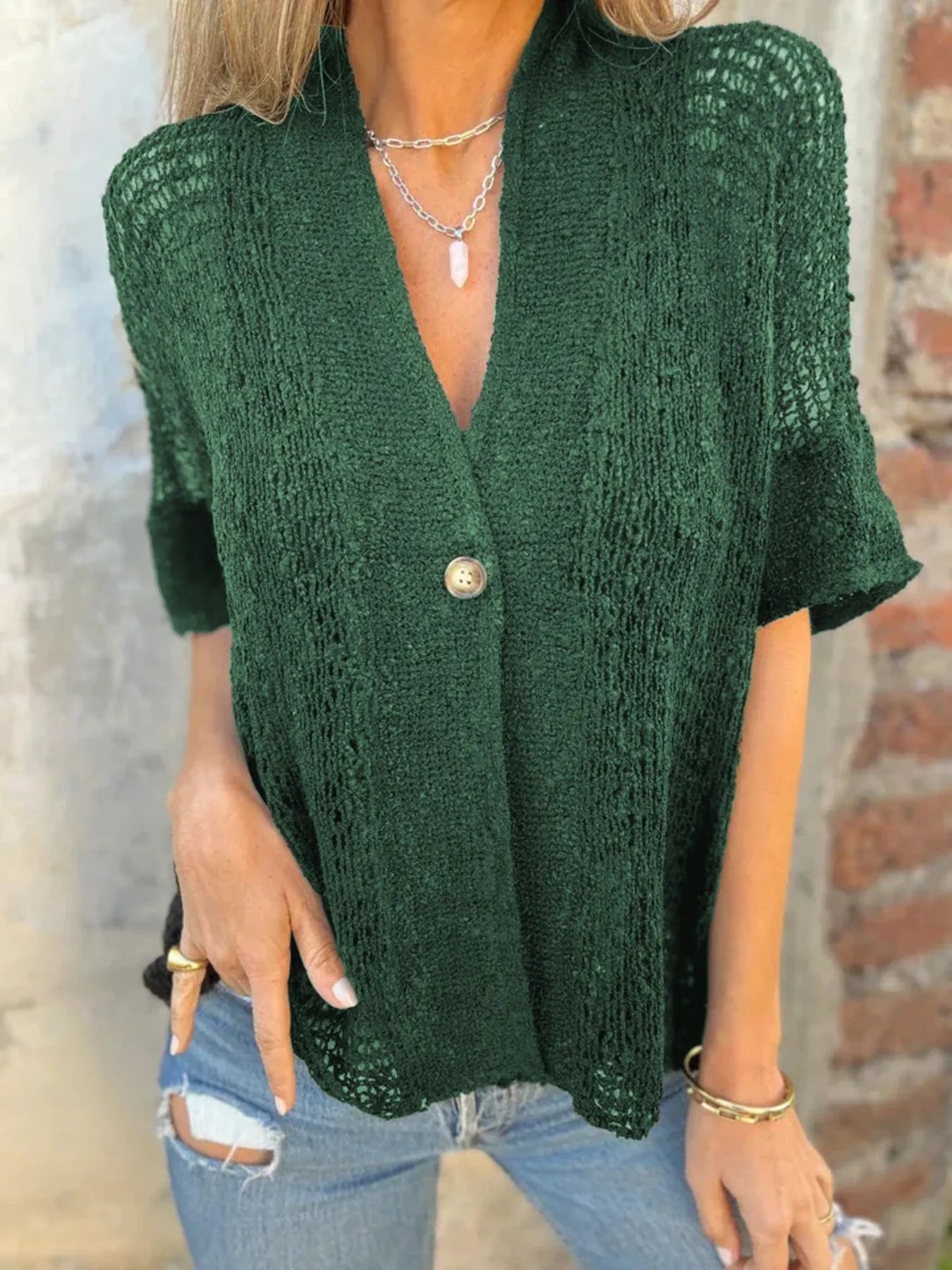 Full Size One Button Half Sleeve Cardigan Plus Size 