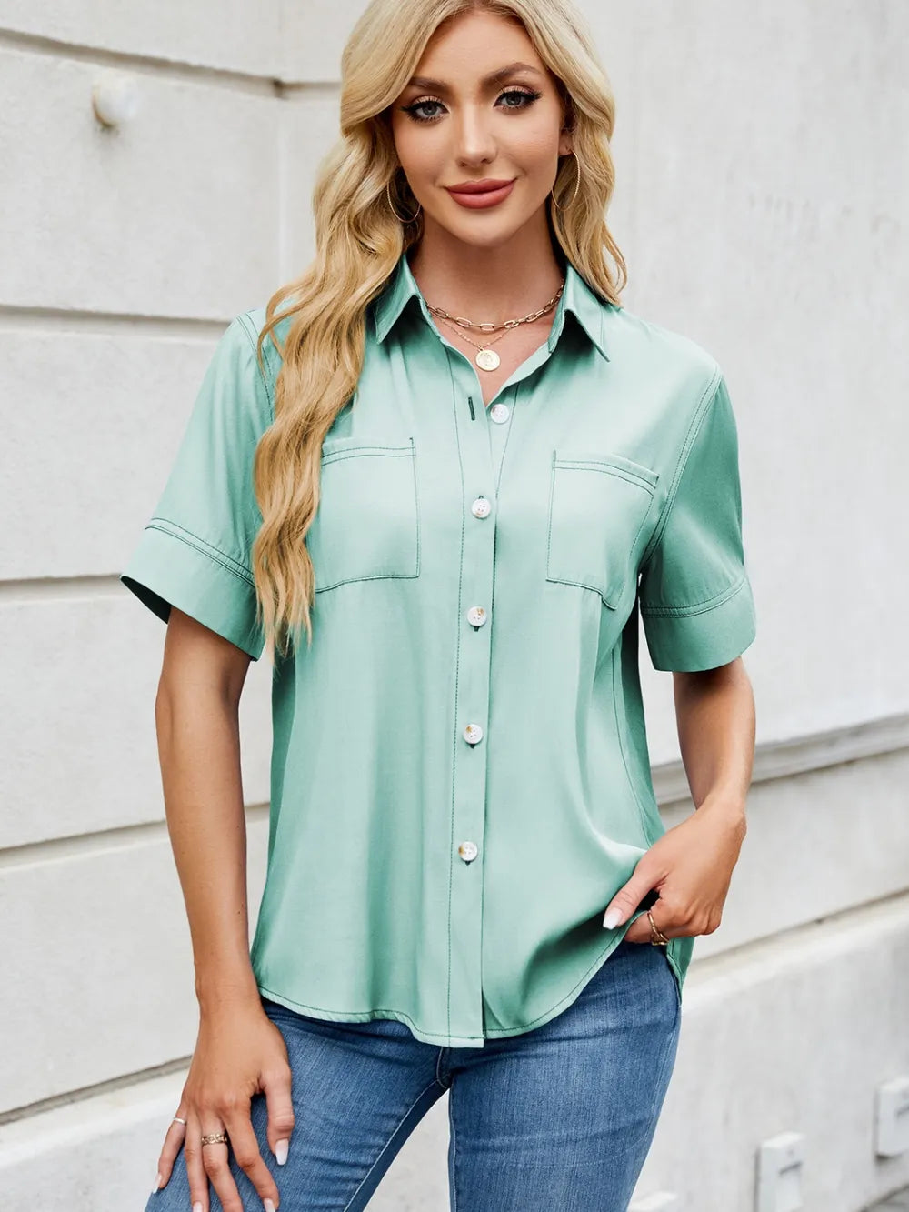 Collared Neck Short Sleeve Shirt 