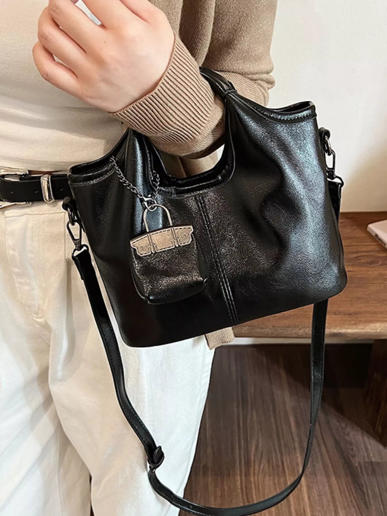Leather Crossbody Bag with Charm 