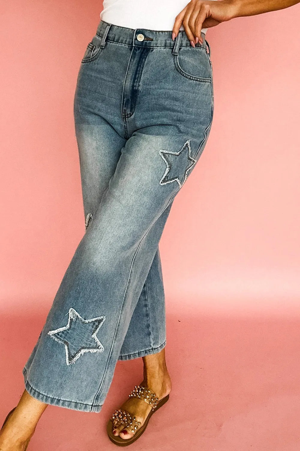 Star Embroidered High Waist Wide Leg Jeans 