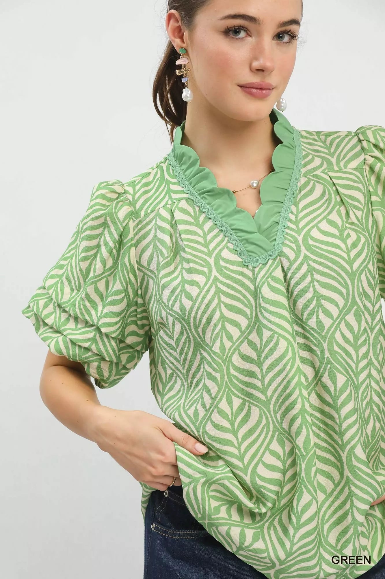 Umgee Printed Puff Sleeve Ruffle Neck Top 