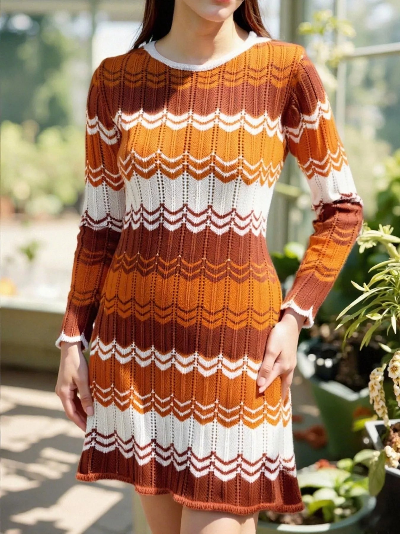 Openwork Wave Pattern Long Sleeve Sweater Dress 