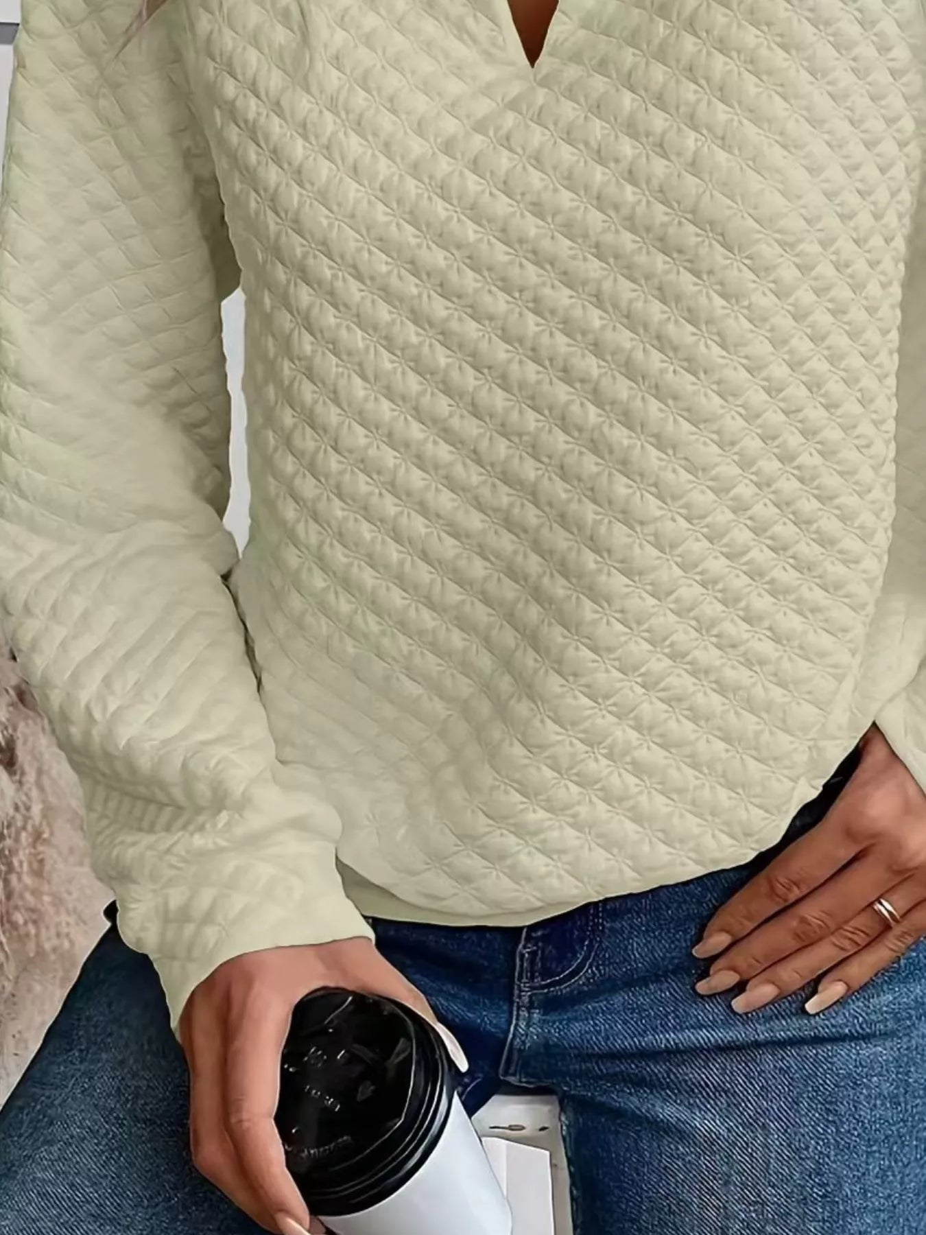 Textured Notched Raglan Sleeve Sweatshirt 