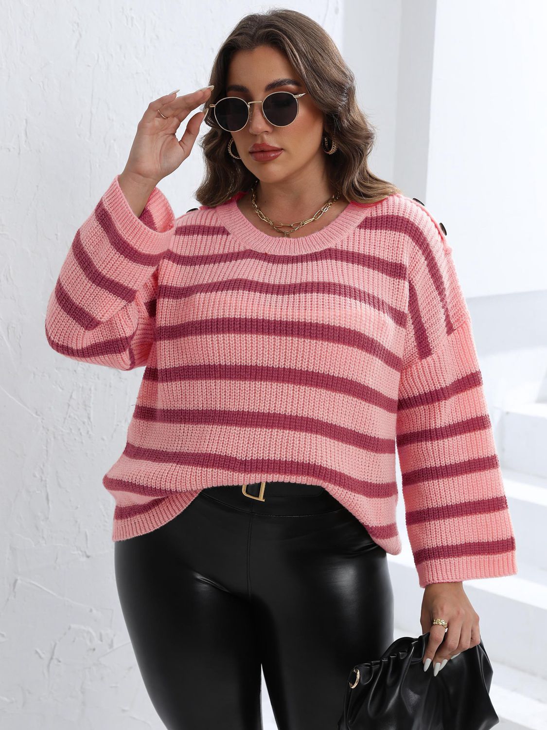 Plus Size Striped Dropped Shoulder Sweater 