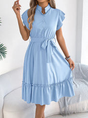 Tie Waist Ruffled Cap Sleeve Dress 