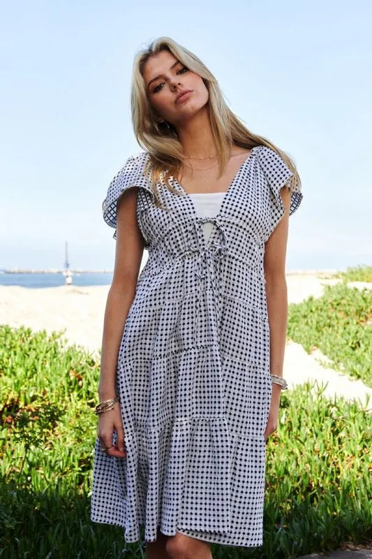 Davi & Dani Jacquard V-Neck Flutter Cap Sleeve Tiered Dress 