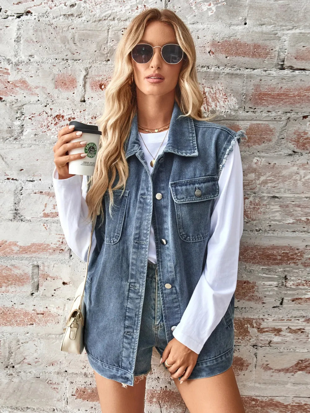 Raw Hem Sleeveless Button Up Denim Jacket 