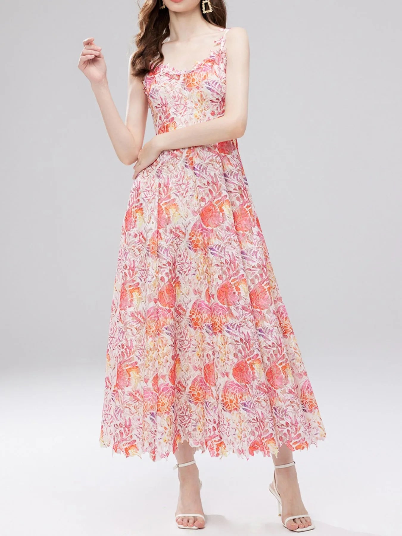 Floral Lace Sleeveless V-Neck Midi Dress 