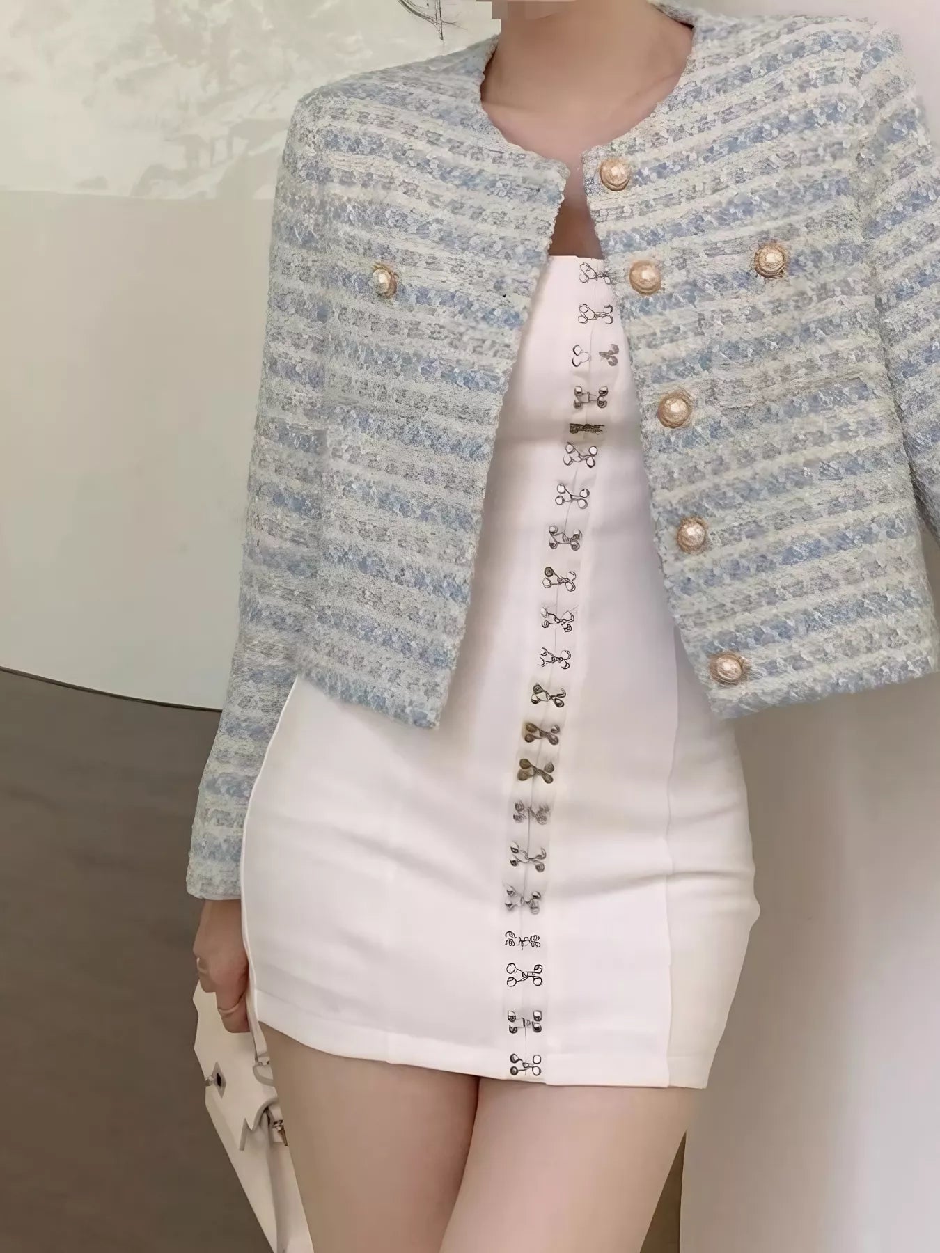 Button Up Cropped Tweed Outerwear 