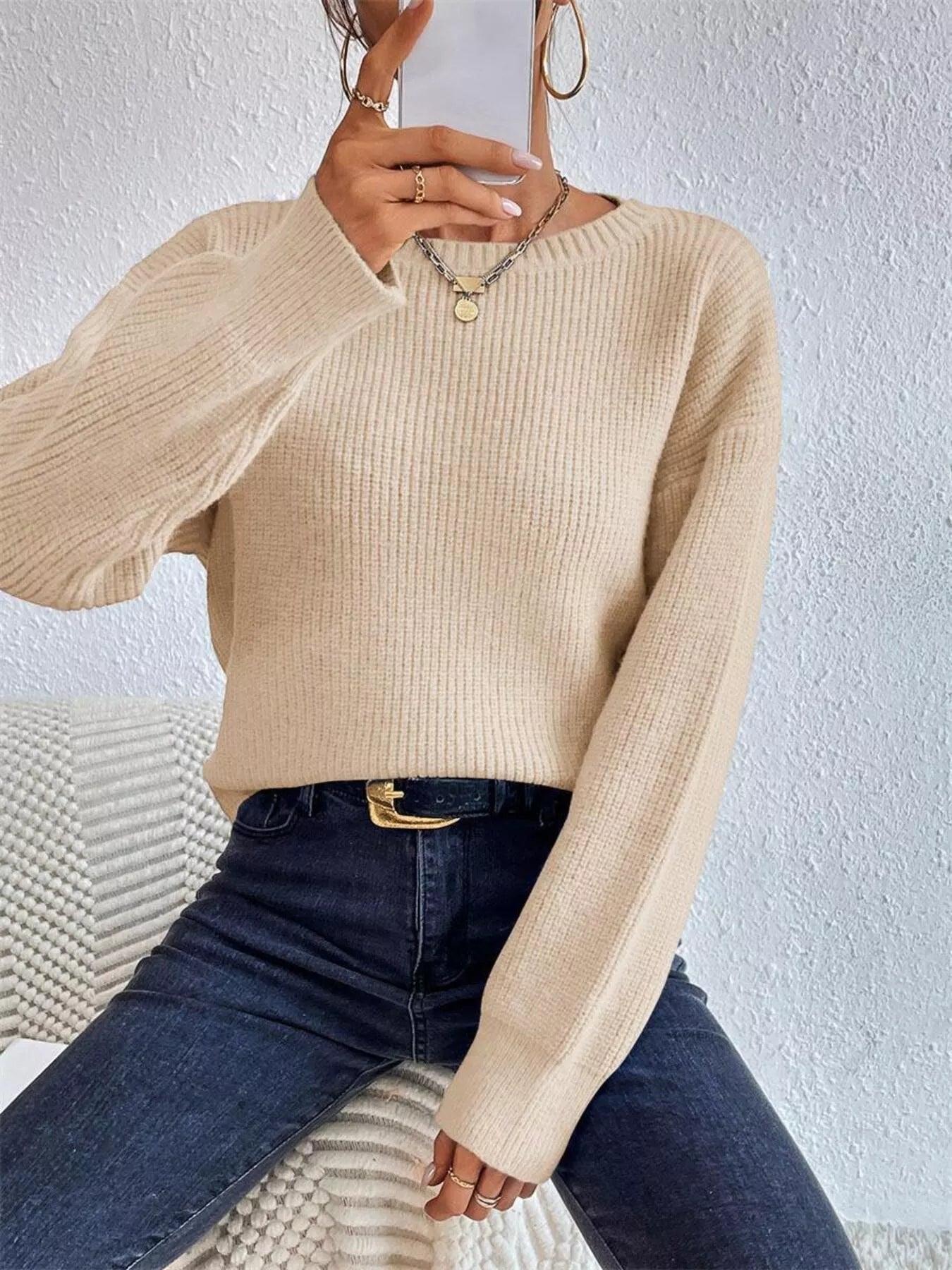 Ribbed Knit Dropped Shoulder Sweater 