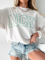 LUCKY Graphic Round Neck Long Sleeve Sweatshirt 