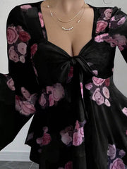 Floral Print Tie Front Flare Sleeve Blouse 