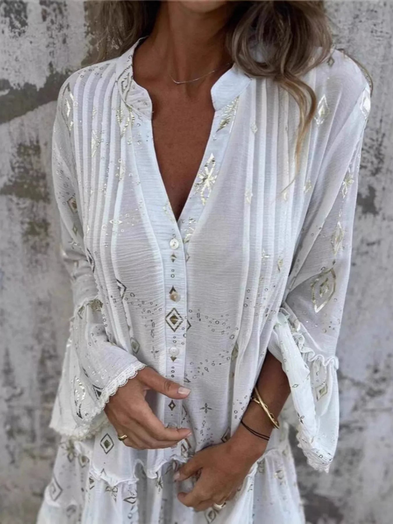 Full Size Printed Notched Flare Sleeve Dress Plus Size 