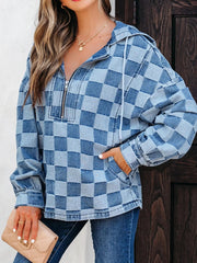 Checkered Half Zip Denim Hoodie Top 