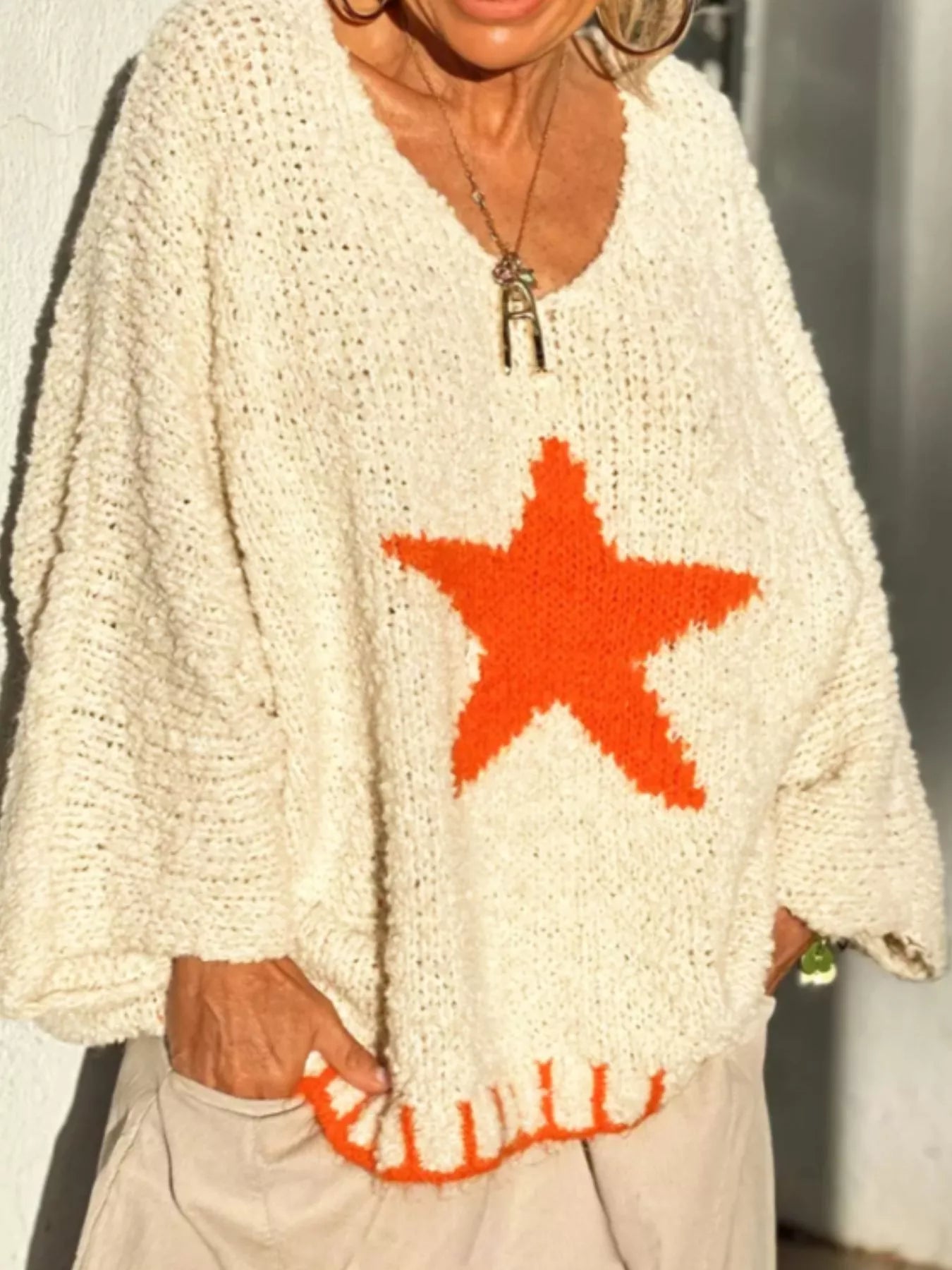 Star V-Neck Long Sleeve Sweater 