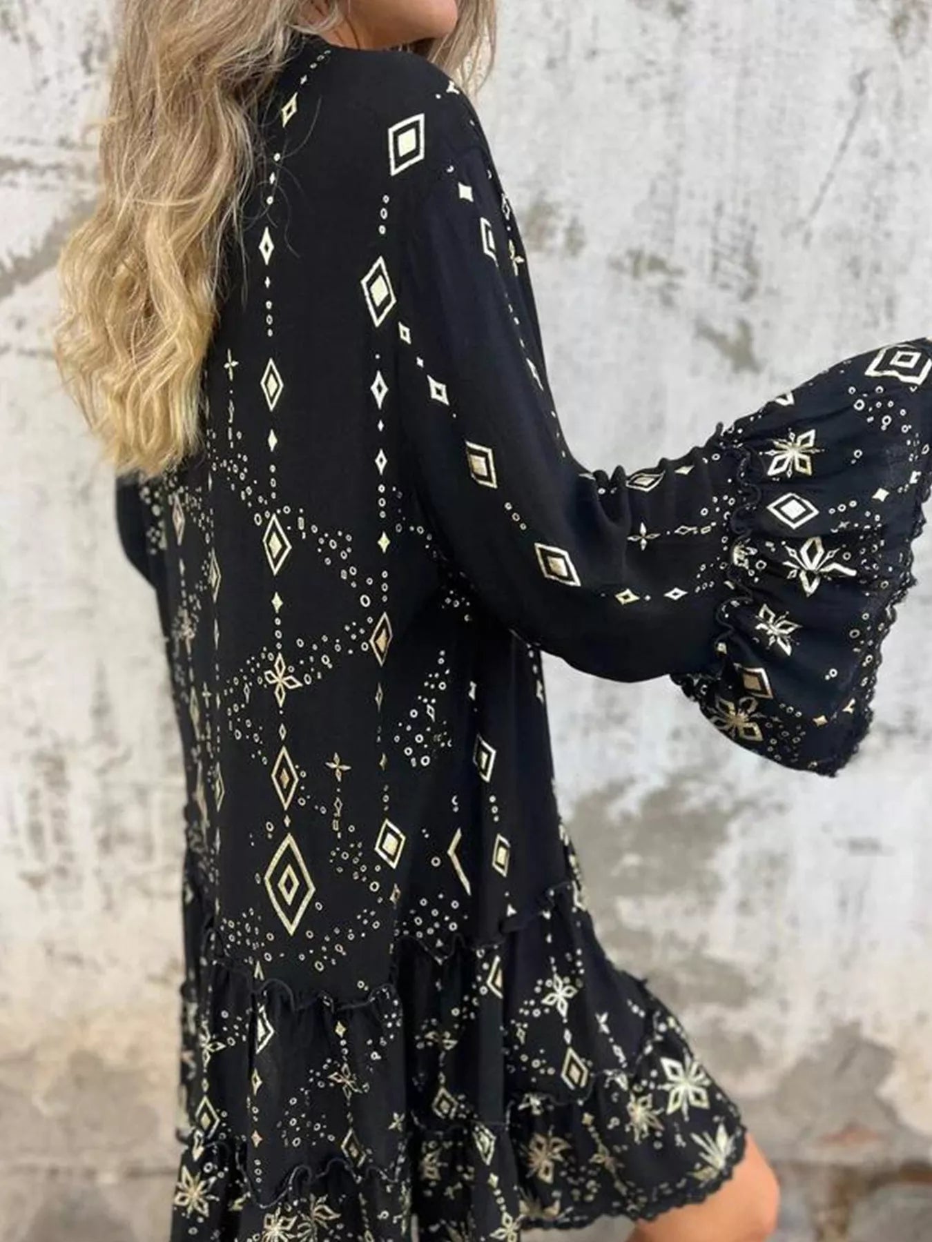Full Size Printed Notched Flare Sleeve Dress Plus Size 