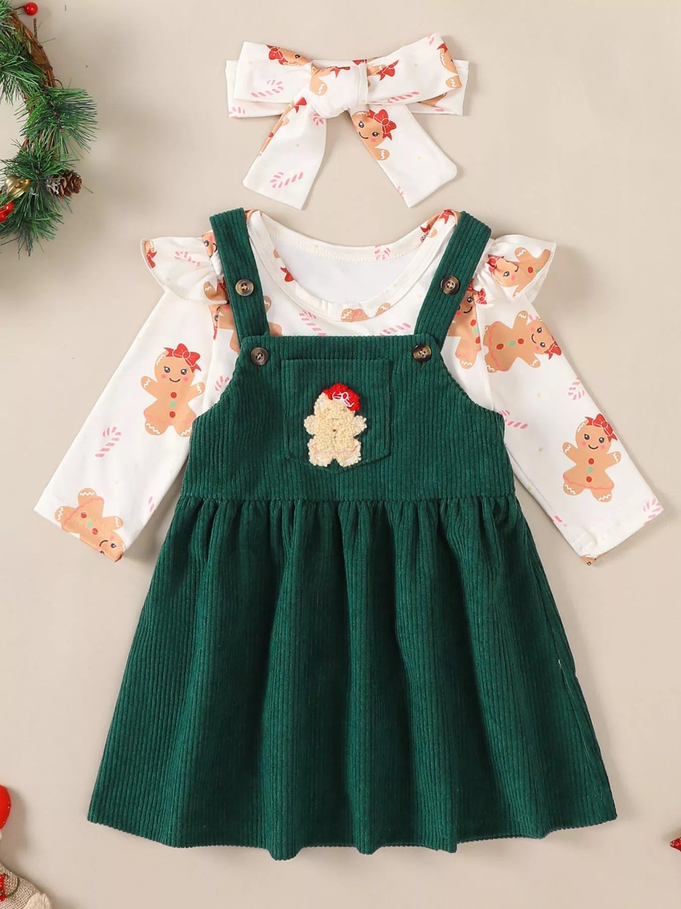 Children's Christmas Bodysuit and Overall Dress Set with Headband 