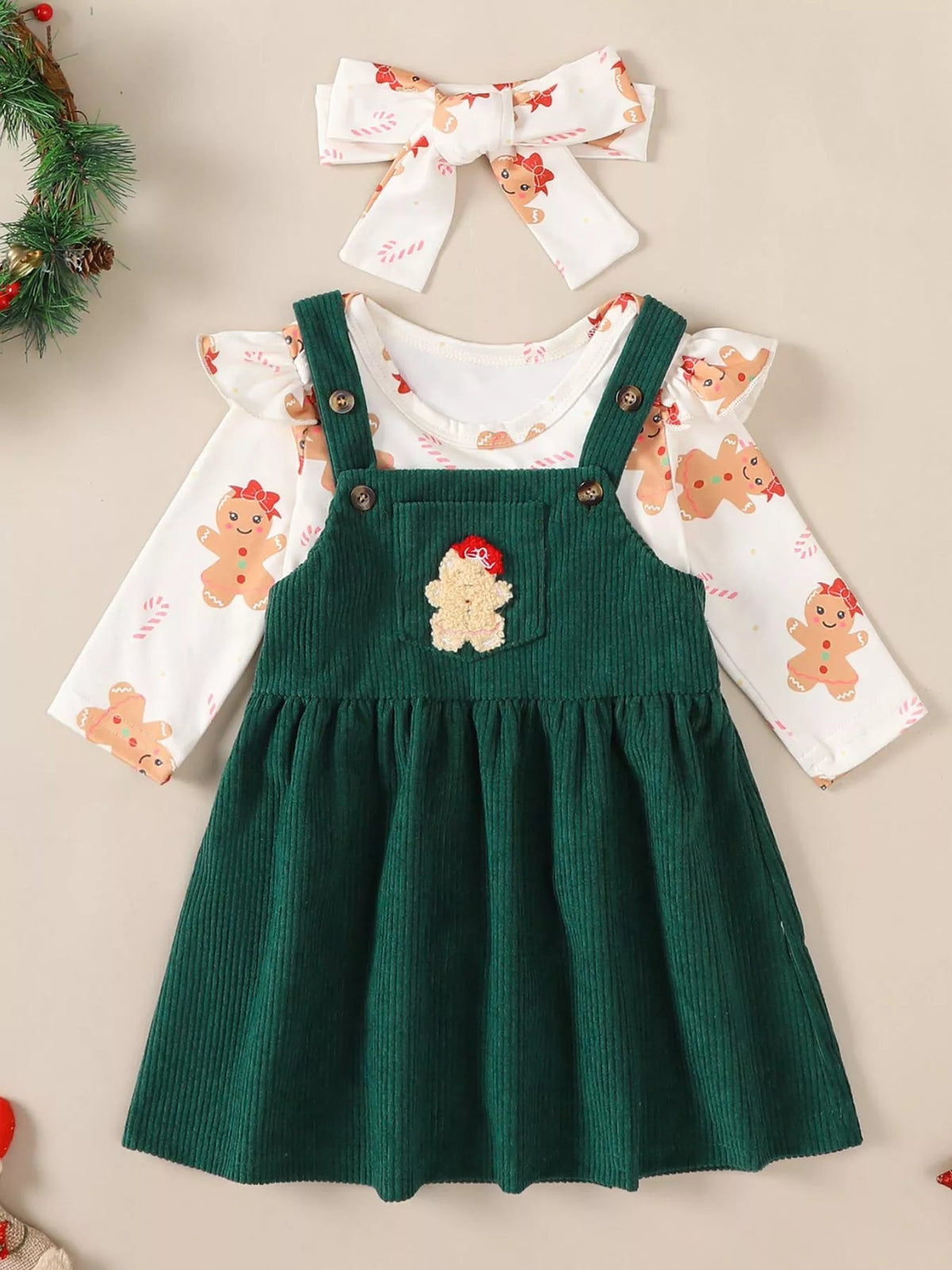 Children's Christmas Bodysuit and Overall Dress Set with Headband 