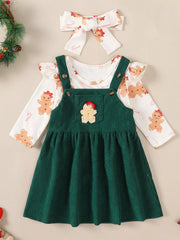 Children's Christmas Bodysuit and Overall Dress Set with Headband 