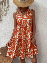Full Size Printed Notched Sleeveless Mini Dress Plus Size 