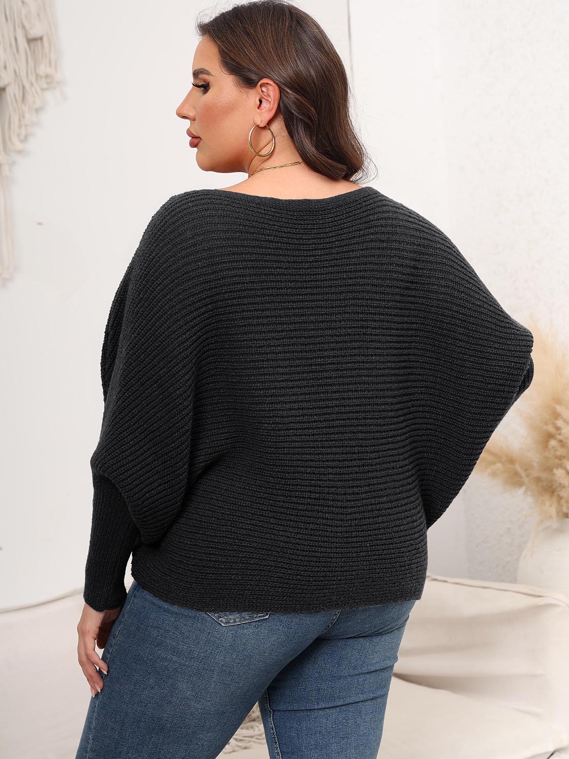 Full Size Boat Neck Batwing Sleeve Sweater 