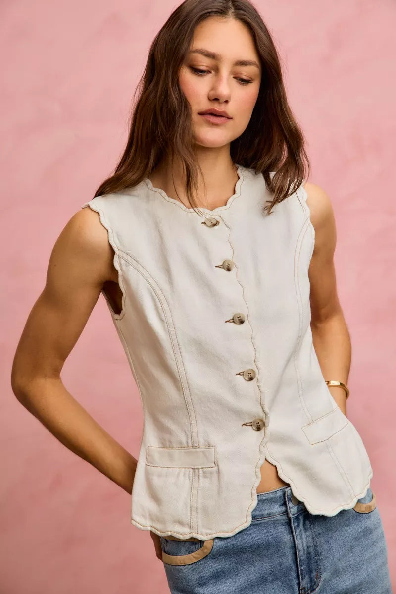 SO ME Scalloped Edge Cotton Twill Washed Vest Top 