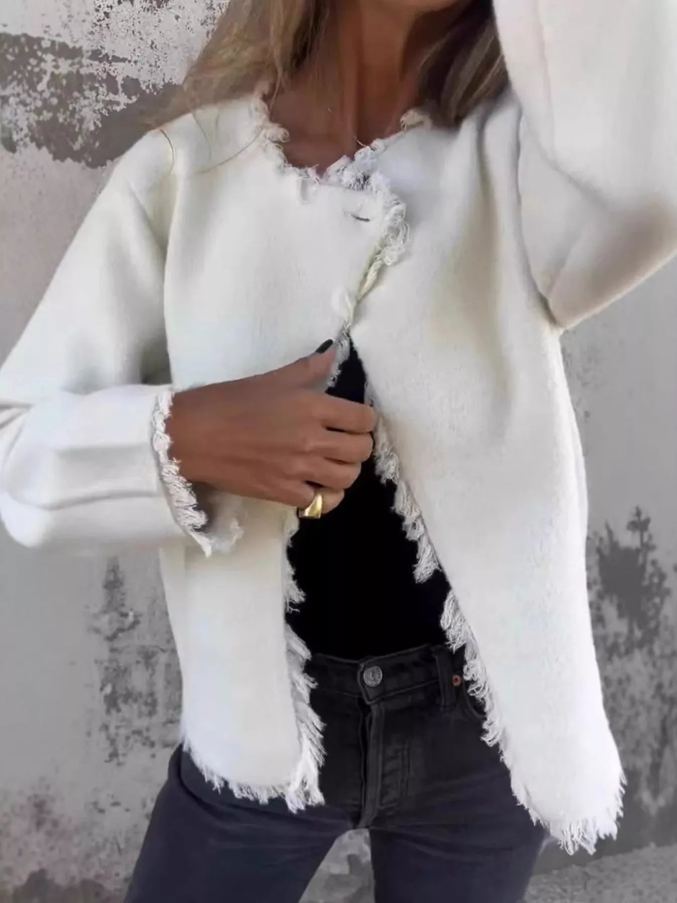 Full Size One Button Frayed Edge Cardigan Plus Size 