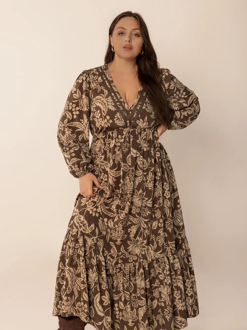 Plus Size Printed V-Neck Balloon Sleeve Maxi Dress 