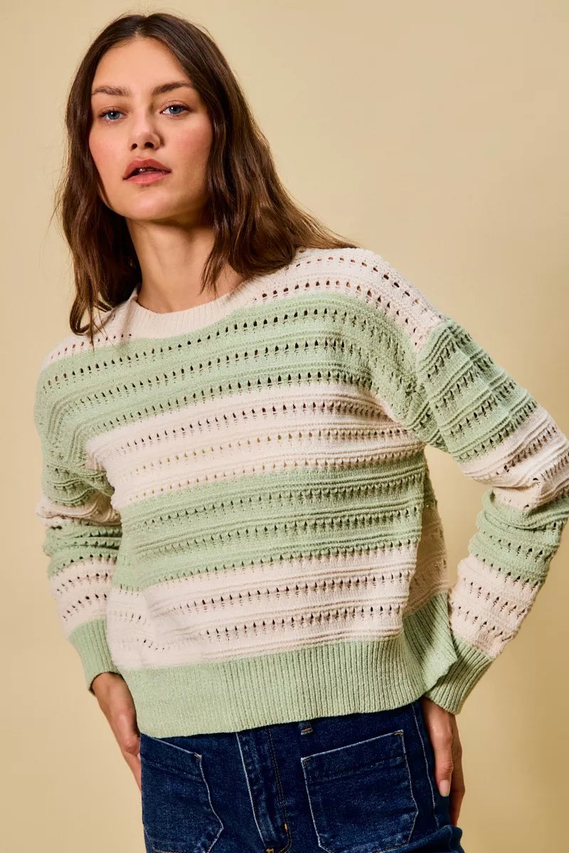 SO ME Openwork Round Neck Wide Stripe Textured Sweater 