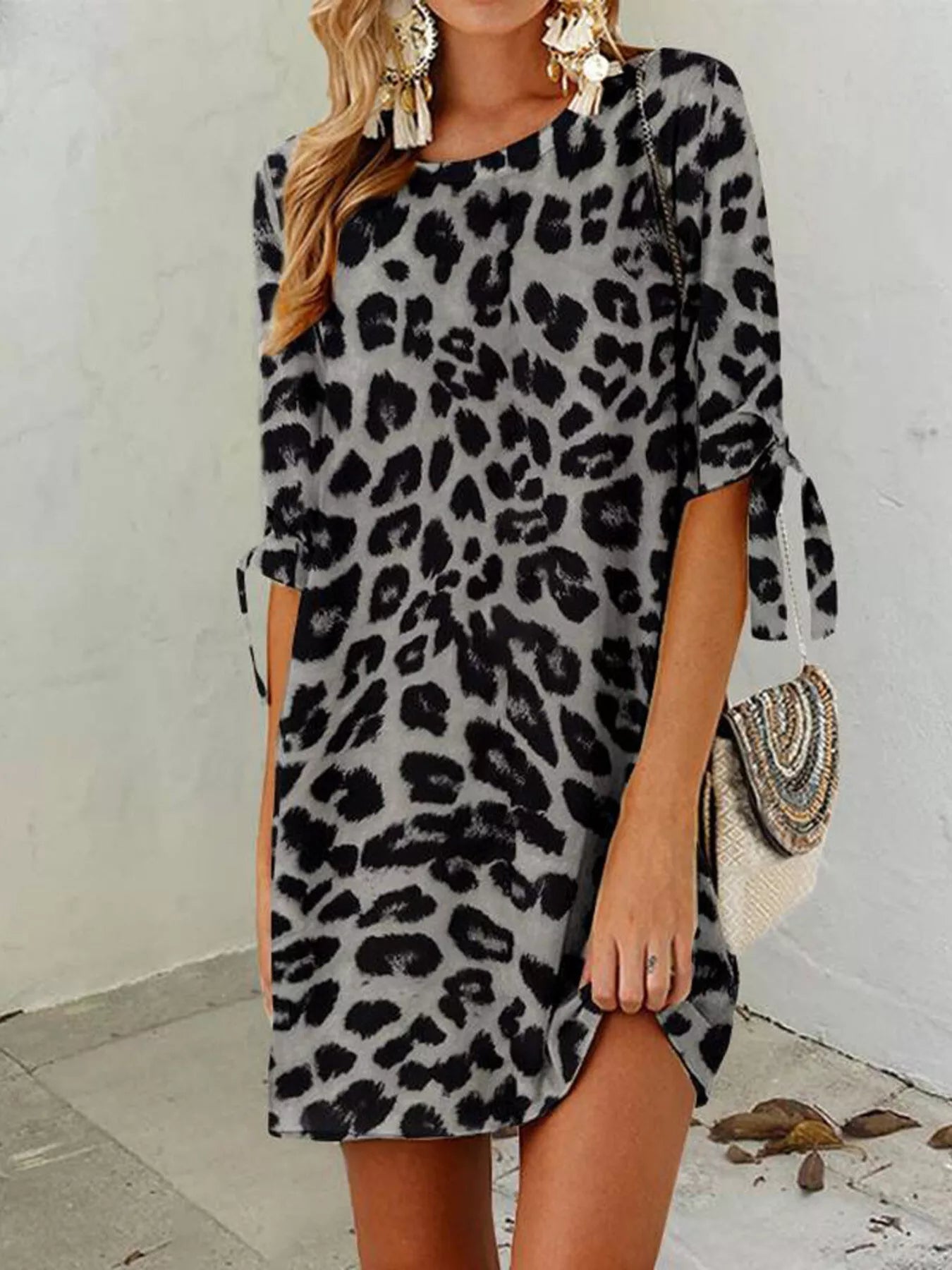 Leopard Round Neck Half Sleeve Dress 