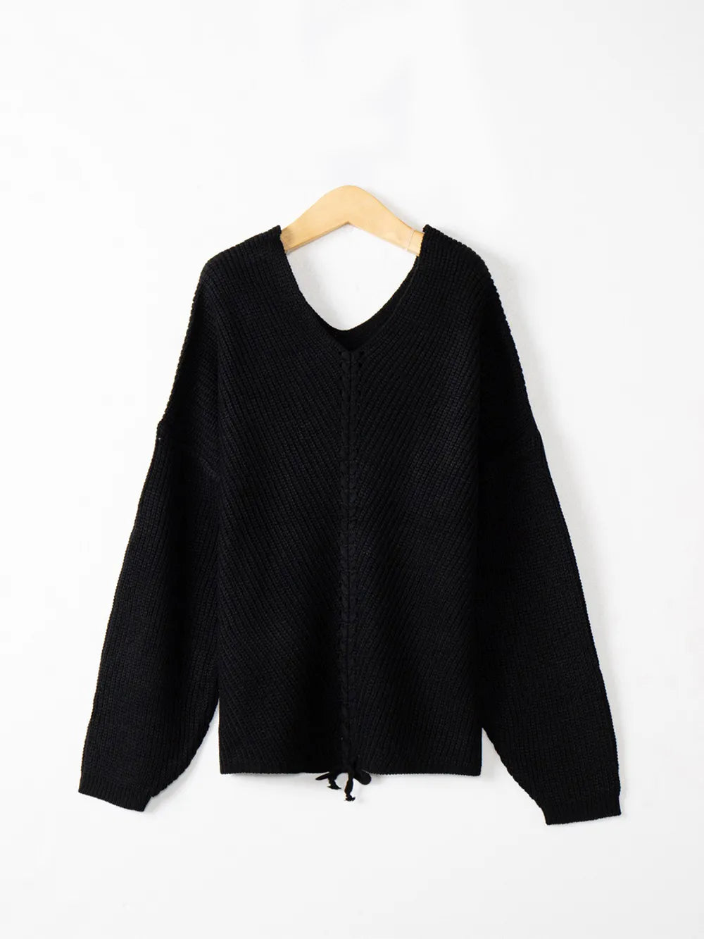 Full Size Lace Up V-Neck Long Sleeve Sweater 