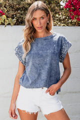 Pearl Trim Round Neck Cap Sleeve Denim Top 