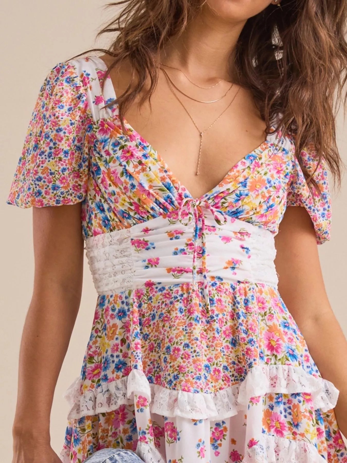 Floral Puff Sleeve Tiered Mini Dress 