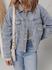 Bow Knot Print Light Wash Raw Hem Denim Jacket 