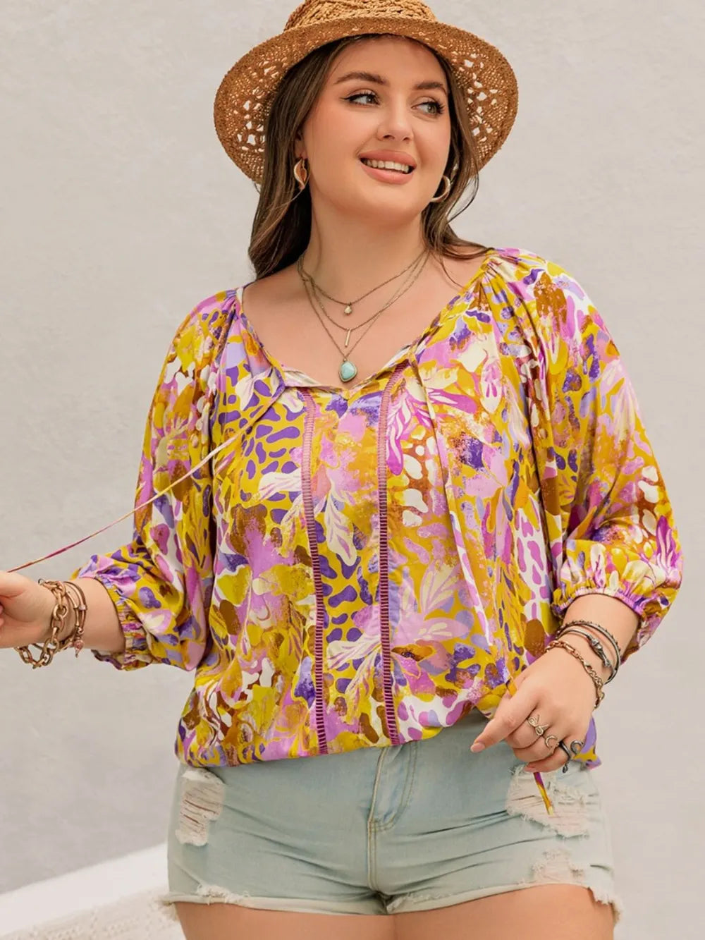 Plus Size Printed Tie Neck Blouse 
