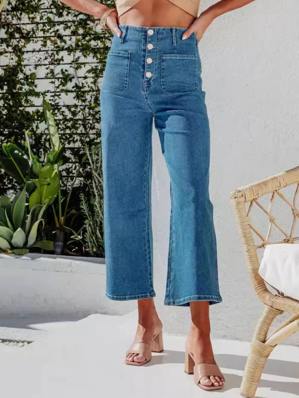 Button Fly Cropped Jeans with Pockets 