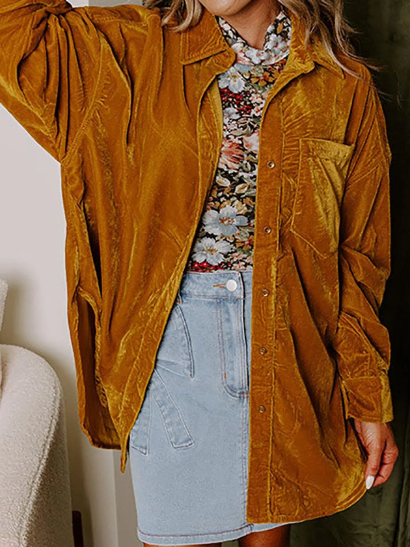 Velvet Button-Down Long Sleeve Shirt 