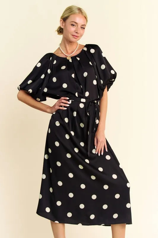 Davi & Dani Polka Dot Puff Sleeves Waist Tie Midi Dress 