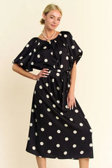 Davi & Dani Polka Dot Puff Sleeves Waist Tie Midi Dress 