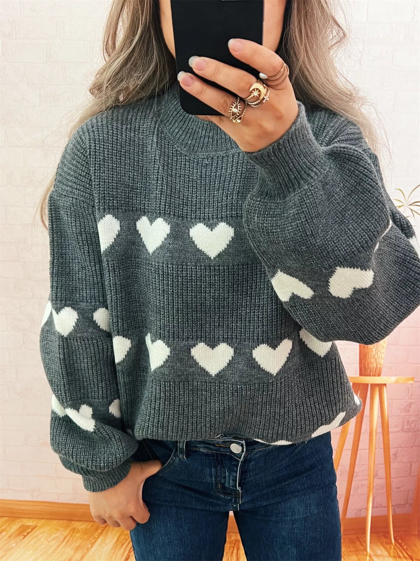 Heart Pattern Dropped Shoulder Sweater 