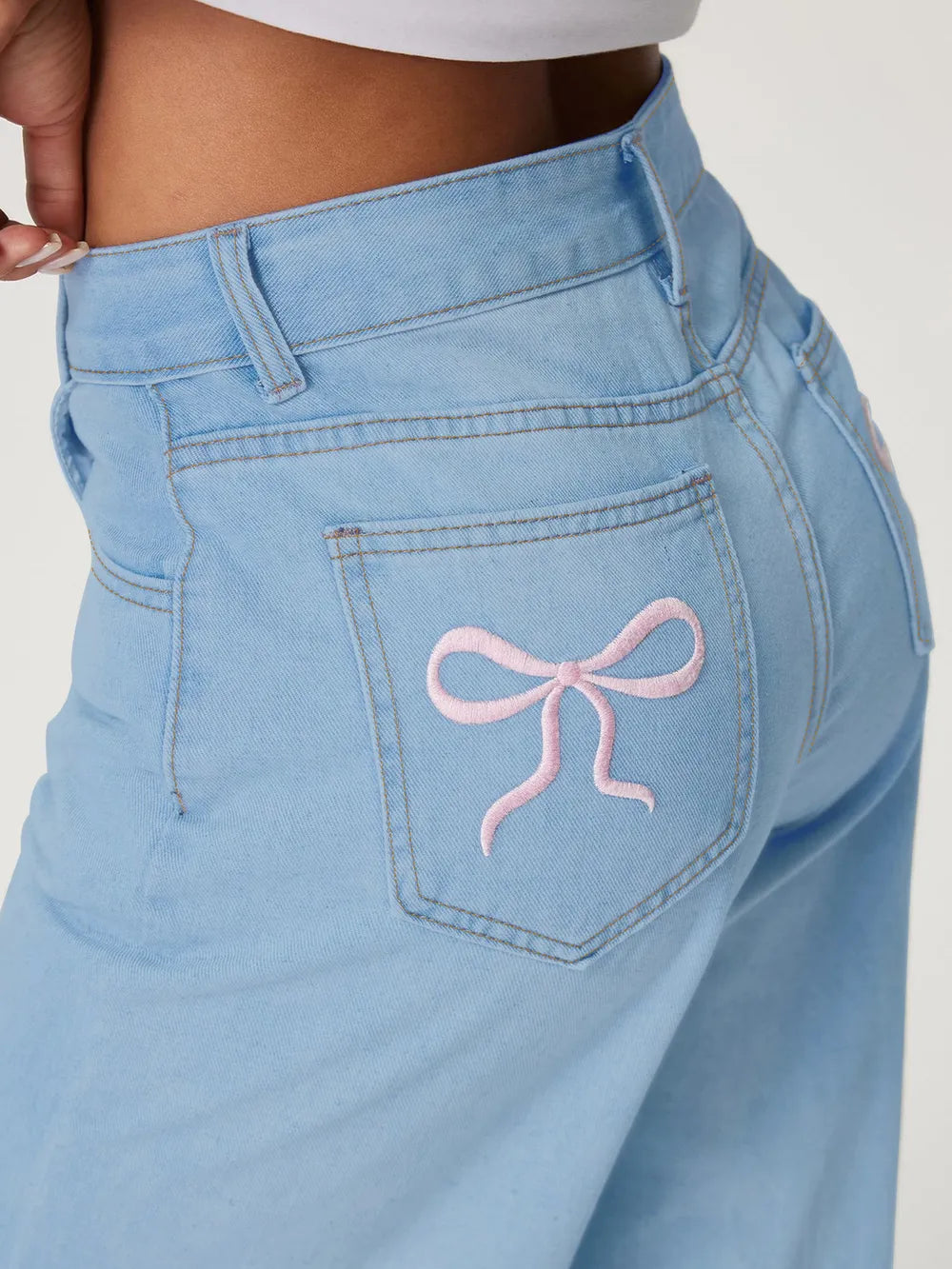 Embroidered Bow Back Wide Leg Jeans 