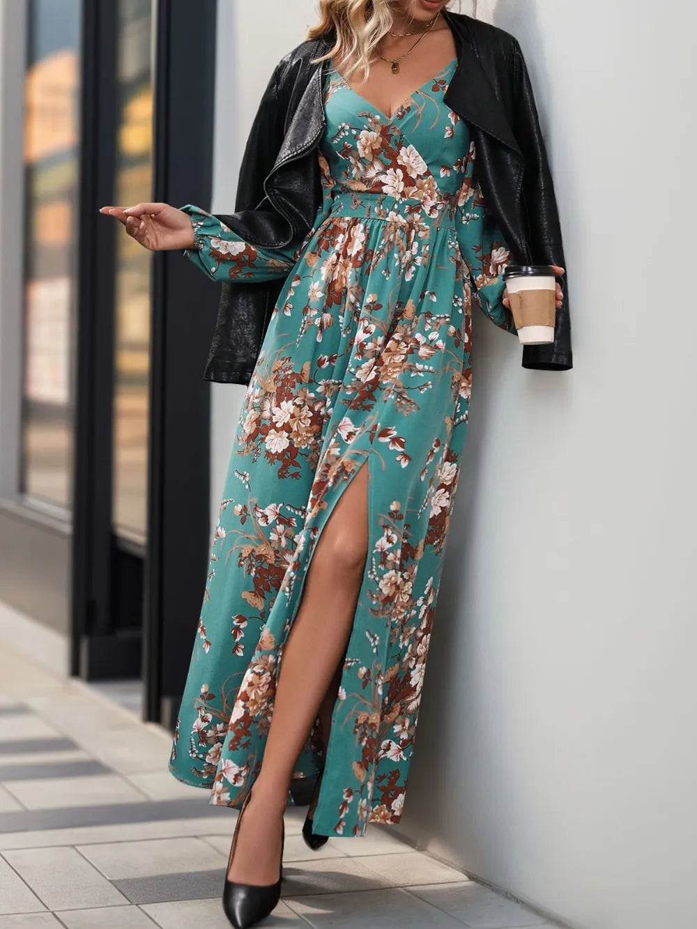 Perfee Slit Printed Surplice Long Sleeve Maxi Dress 
